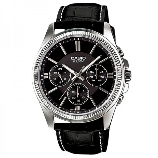 Casio MTP-1375L-1AVDF Day Date Silver Black Leather